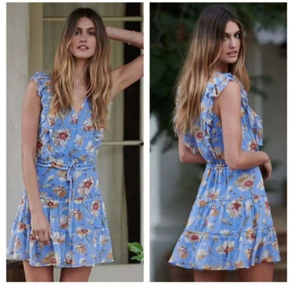 Paige Barbarella Silk Blue Floral Ruffles Cottagecore Mini Dress Medium